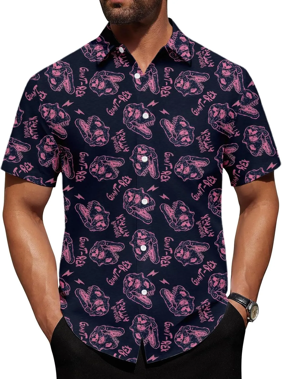 Beach Button up Shirts for Men - Short Sleeve Dinosaur Button up Shirt - Quick-Dry Tropical Printed Top Vacation Outfit