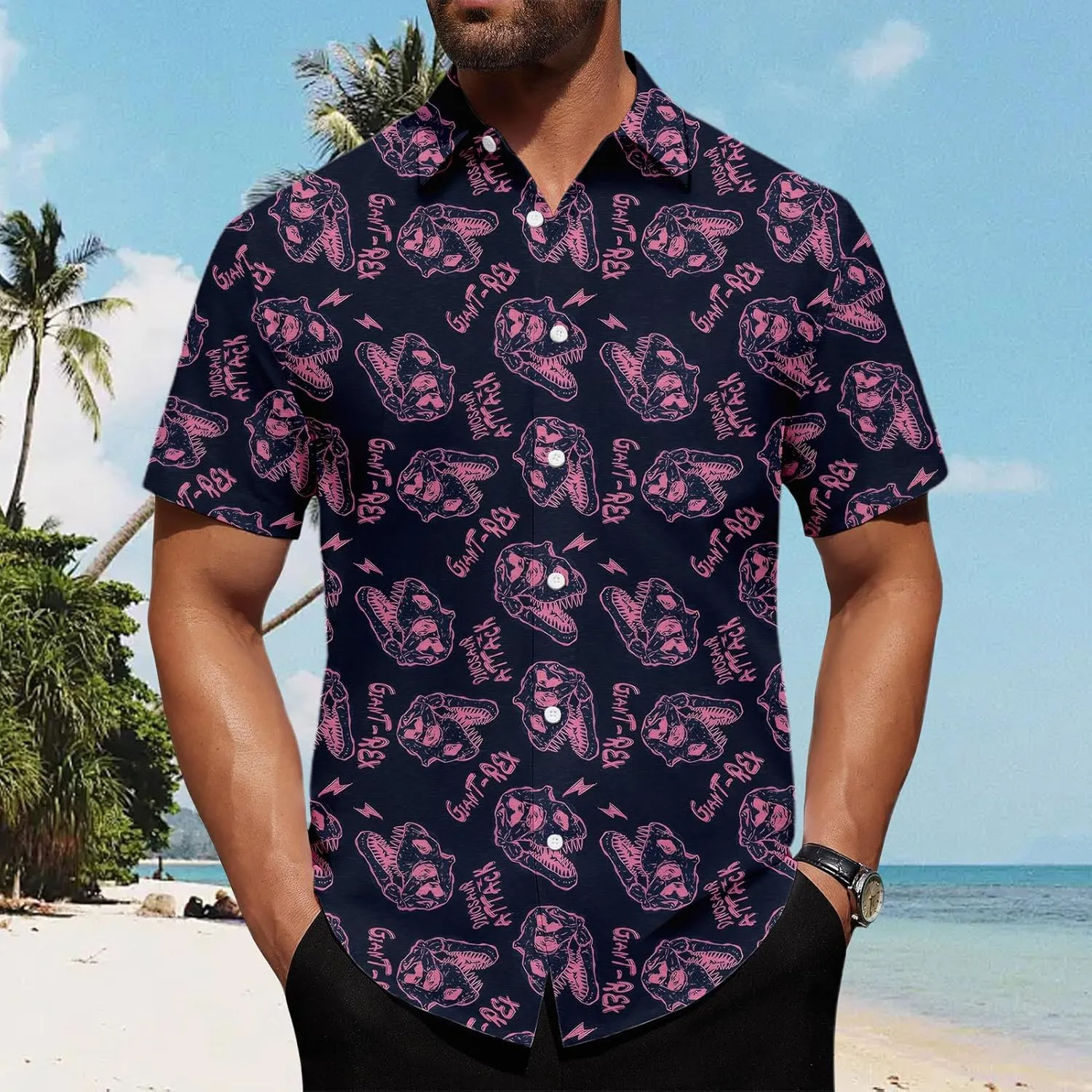 Beach Button up Shirts for Men - Short Sleeve Dinosaur Button up Shirt - Quick-Dry Tropical Printed Top Vacation Outfit