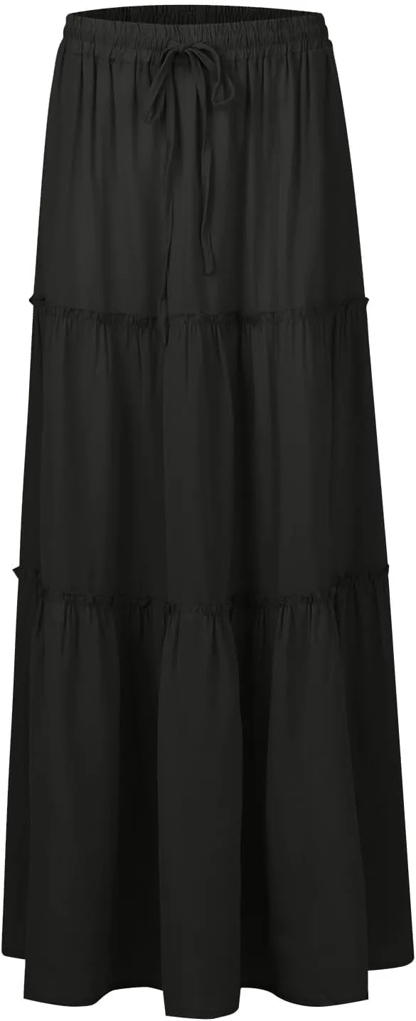 Boho Maxi Skirts for Women Summer Tiered Elastic Casual Skirt Smocked A Line Skirts Work Long Skirt Y2K with Pockets