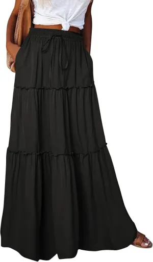 Boho Maxi Skirts for Women Summer Tiered Elastic Casual Skirt Smocked A Line Skirts Work Long Skirt Y2K with Pockets