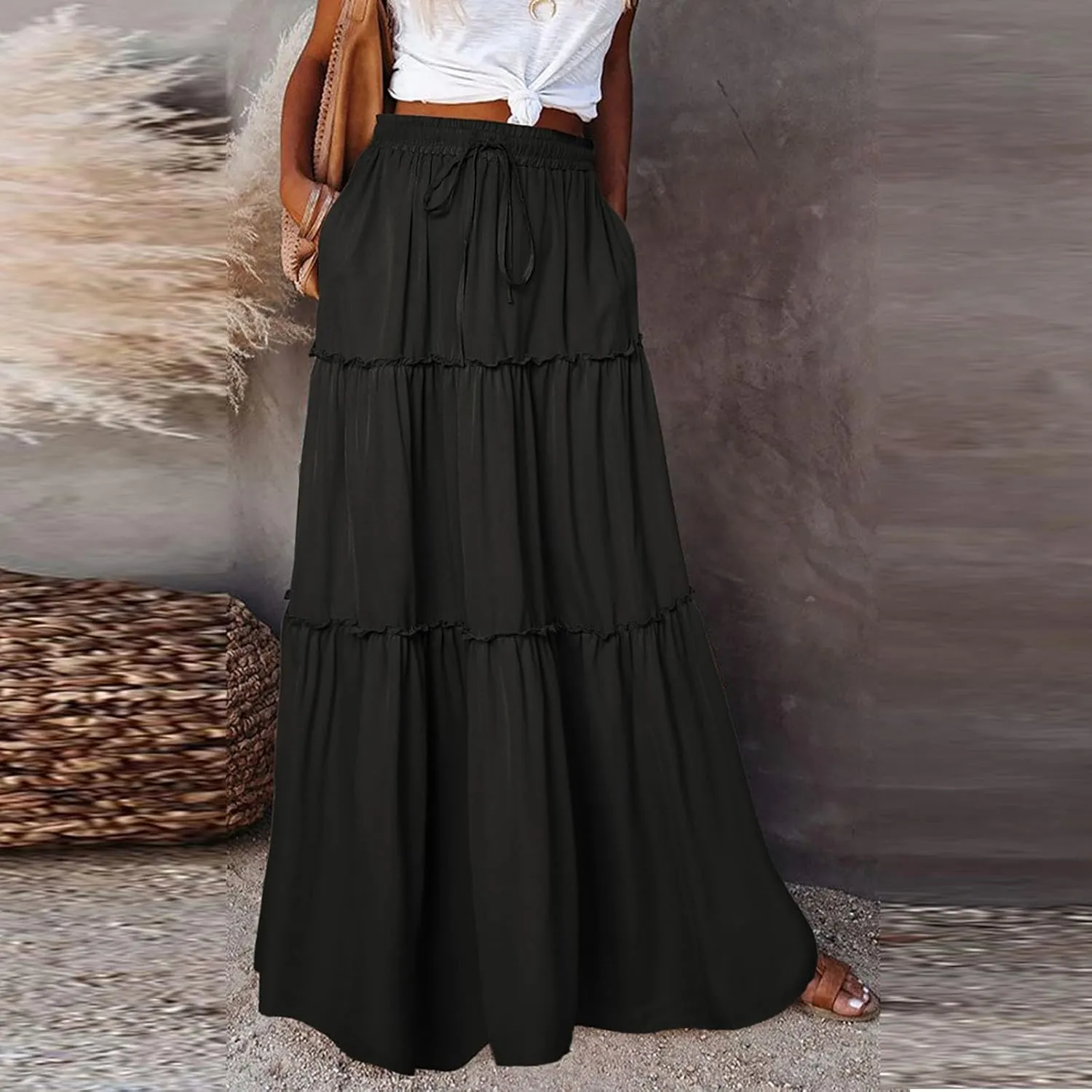 Boho Maxi Skirts for Women Summer Tiered Elastic Casual Skirt Smocked A Line Skirts Work Long Skirt Y2K with Pockets