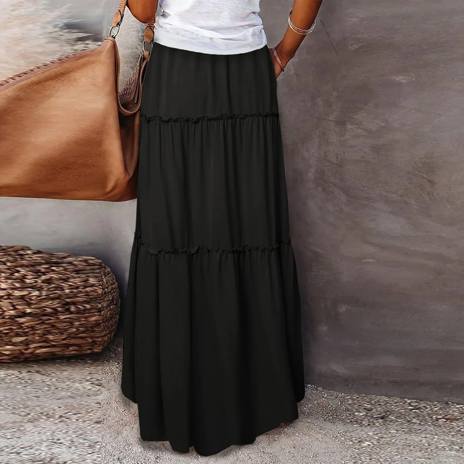 Boho Maxi Skirts for Women Summer Tiered Elastic Casual Skirt Smocked A Line Skirts Work Long Skirt Y2K with Pockets