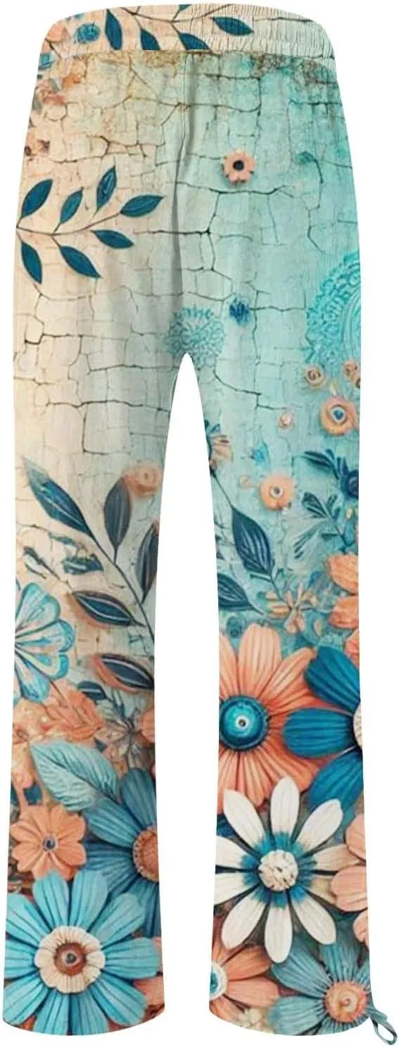 Boho Pants for Women Floral Print Cotton Linen Pant Elastic Waist Drawstring Summer Beach Baggy Trousers with Pocket