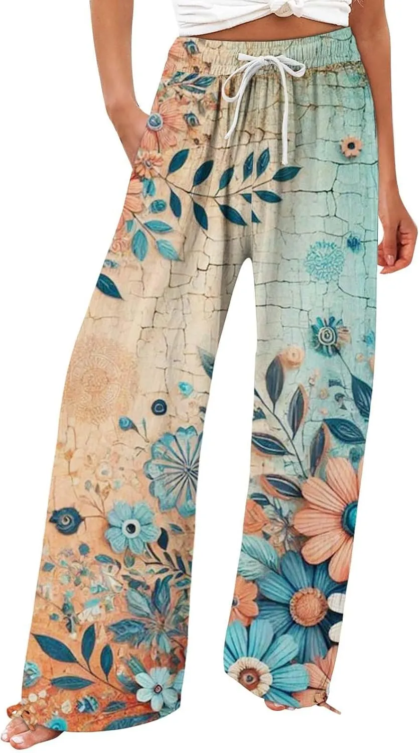 Boho Pants for Women Floral Print Cotton Linen Pant Elastic Waist Drawstring Summer Beach Baggy Trousers with Pocket