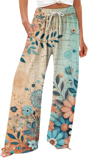 Boho Pants for Women Floral Print Cotton Linen Pant Elastic Waist Drawstring Summer Beach Baggy Trousers with Pocket