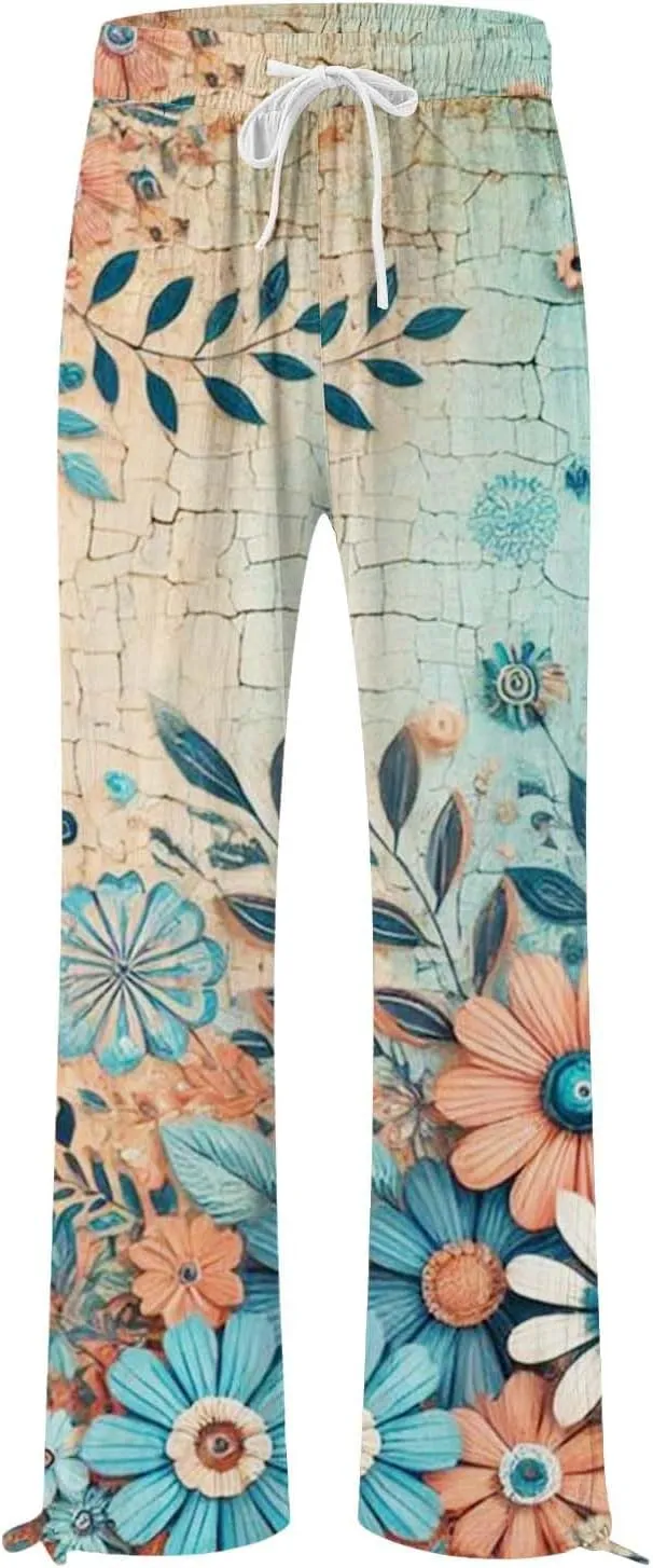 Boho Pants for Women Floral Print Cotton Linen Pant Elastic Waist Drawstring Summer Beach Baggy Trousers with Pocket