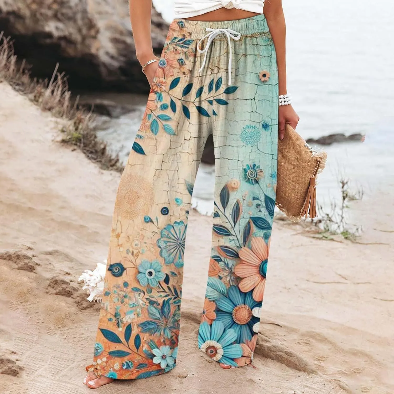 Boho Pants for Women Floral Print Cotton Linen Pant Elastic Waist Drawstring Summer Beach Baggy Trousers with Pocket