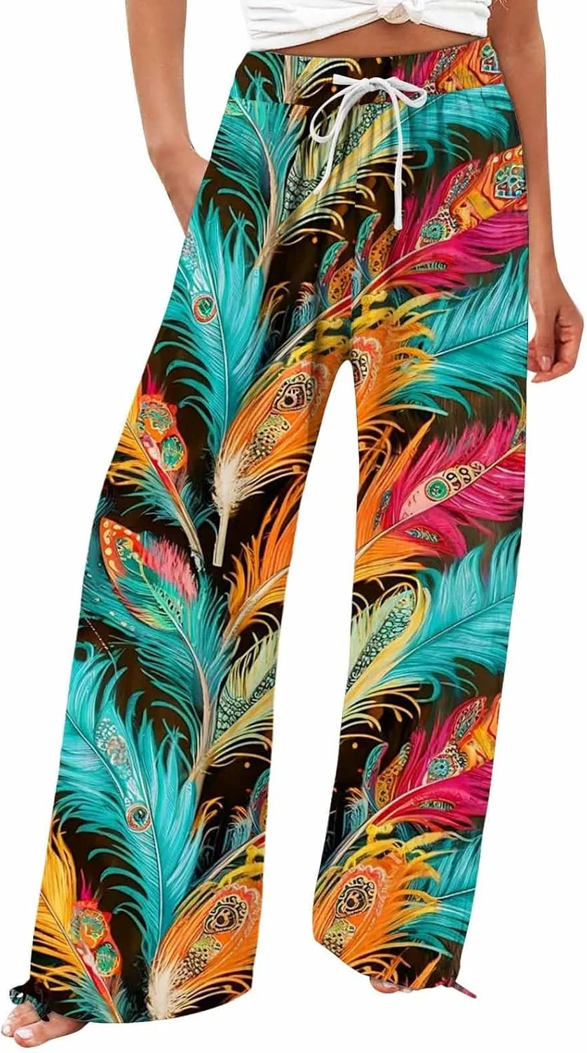 Boho Pants for Women Linen Palazzo Pants 2025 Summer High Waisted Boho Wide Leg Lounge Pant Trousers with Pocket