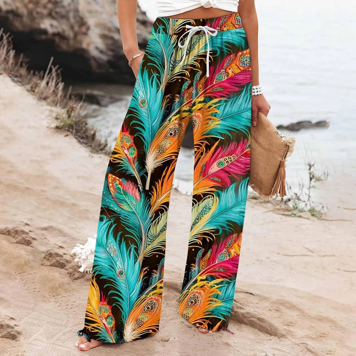Boho Pants for Women Linen Palazzo Pants 2025 Summer High Waisted Boho Wide Leg Lounge Pant Trousers with Pocket