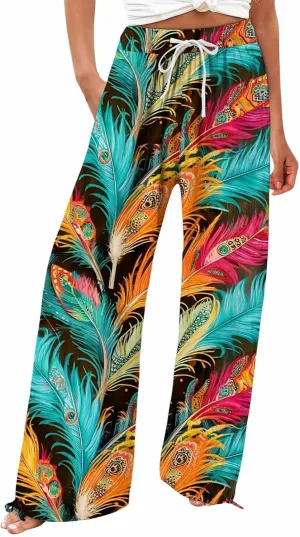 Boho Pants for Women Linen Palazzo Pants 2025 Summer High Waisted Boho Wide Leg Lounge Pant Trousers with Pocket