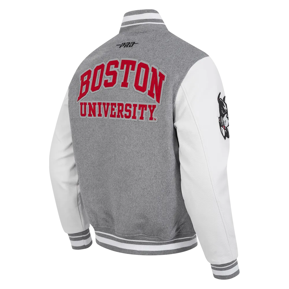 BOSTON UNIVERSITY CLASSIC MEN'S RIB WOOL VARSITY JACKET (HEATHER GREY/WHITE)