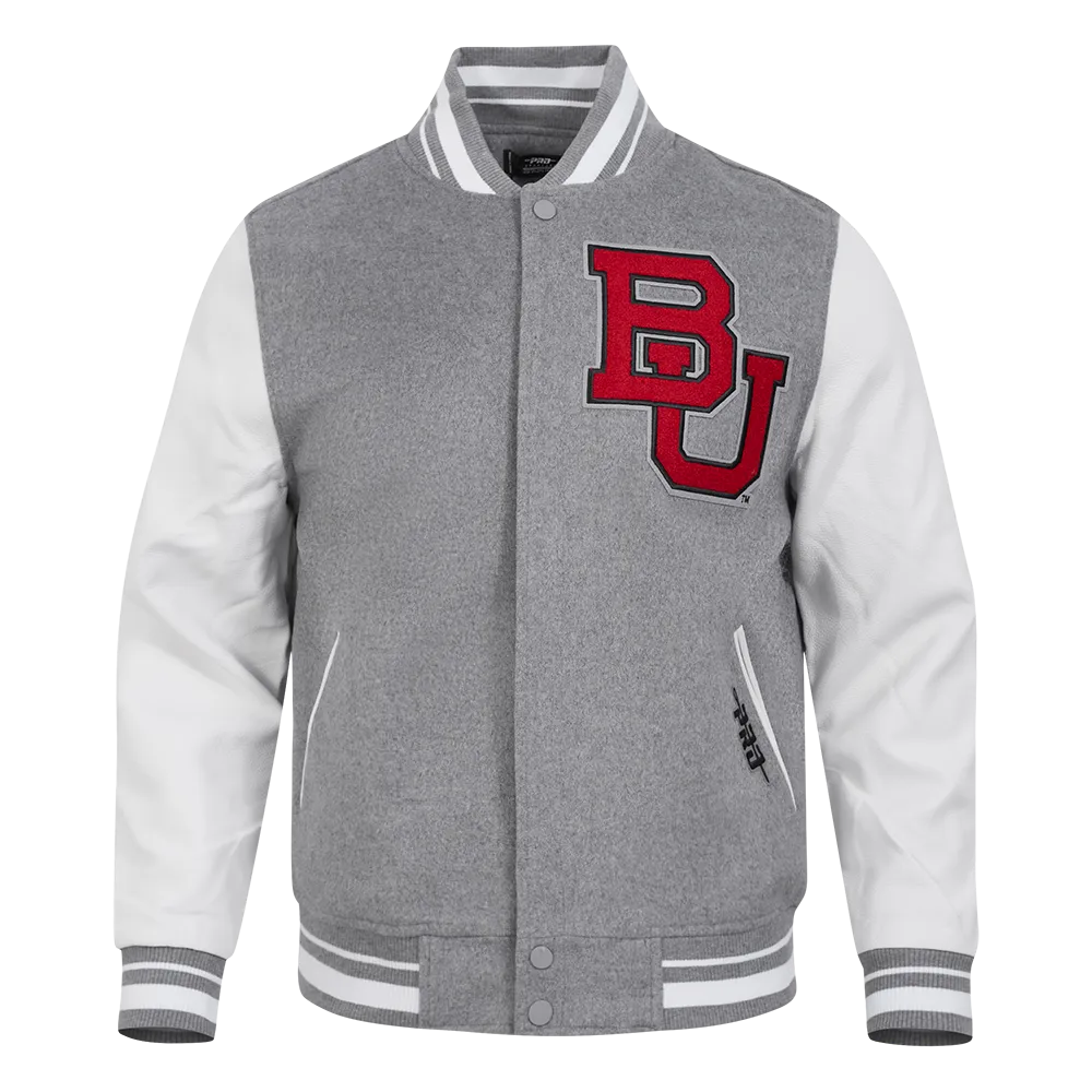 BOSTON UNIVERSITY CLASSIC MEN'S RIB WOOL VARSITY JACKET (HEATHER GREY/WHITE)