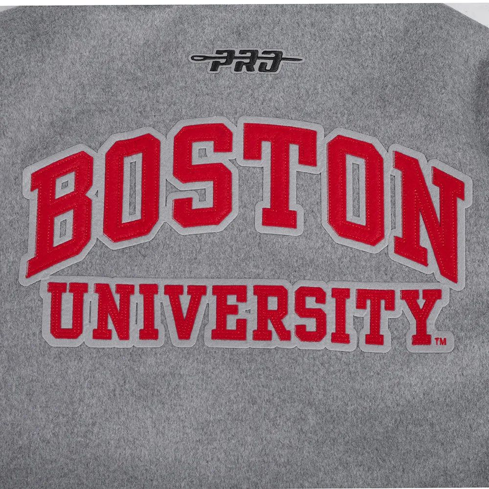 BOSTON UNIVERSITY CLASSIC MEN'S RIB WOOL VARSITY JACKET (HEATHER GREY/WHITE)