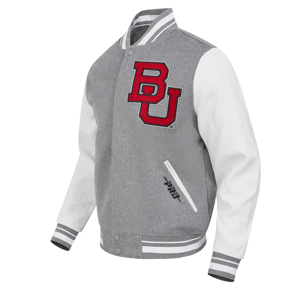 BOSTON UNIVERSITY CLASSIC MEN'S RIB WOOL VARSITY JACKET (HEATHER GREY/WHITE)