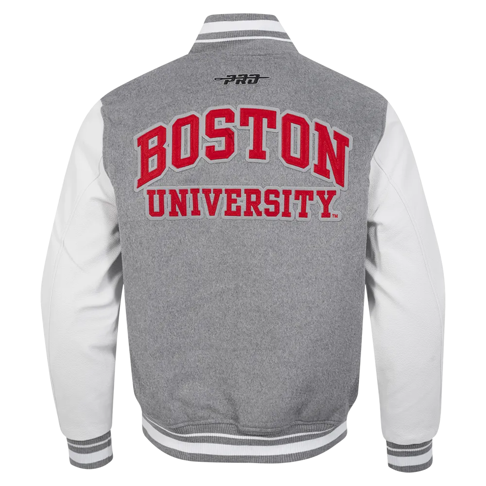 BOSTON UNIVERSITY CLASSIC MEN'S RIB WOOL VARSITY JACKET (HEATHER GREY/WHITE)
