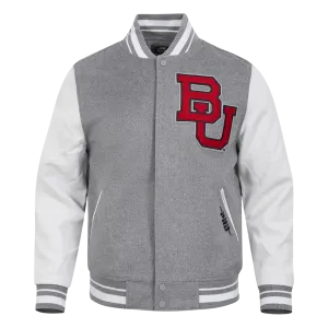 BOSTON UNIVERSITY CLASSIC MEN'S RIB WOOL VARSITY JACKET (HEATHER GREY/WHITE)