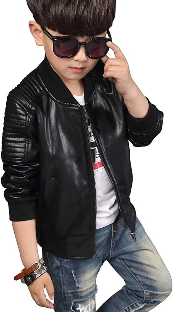 Boys' Faux Leather Motorcycle Jacket Children Zipper Leather Coats
