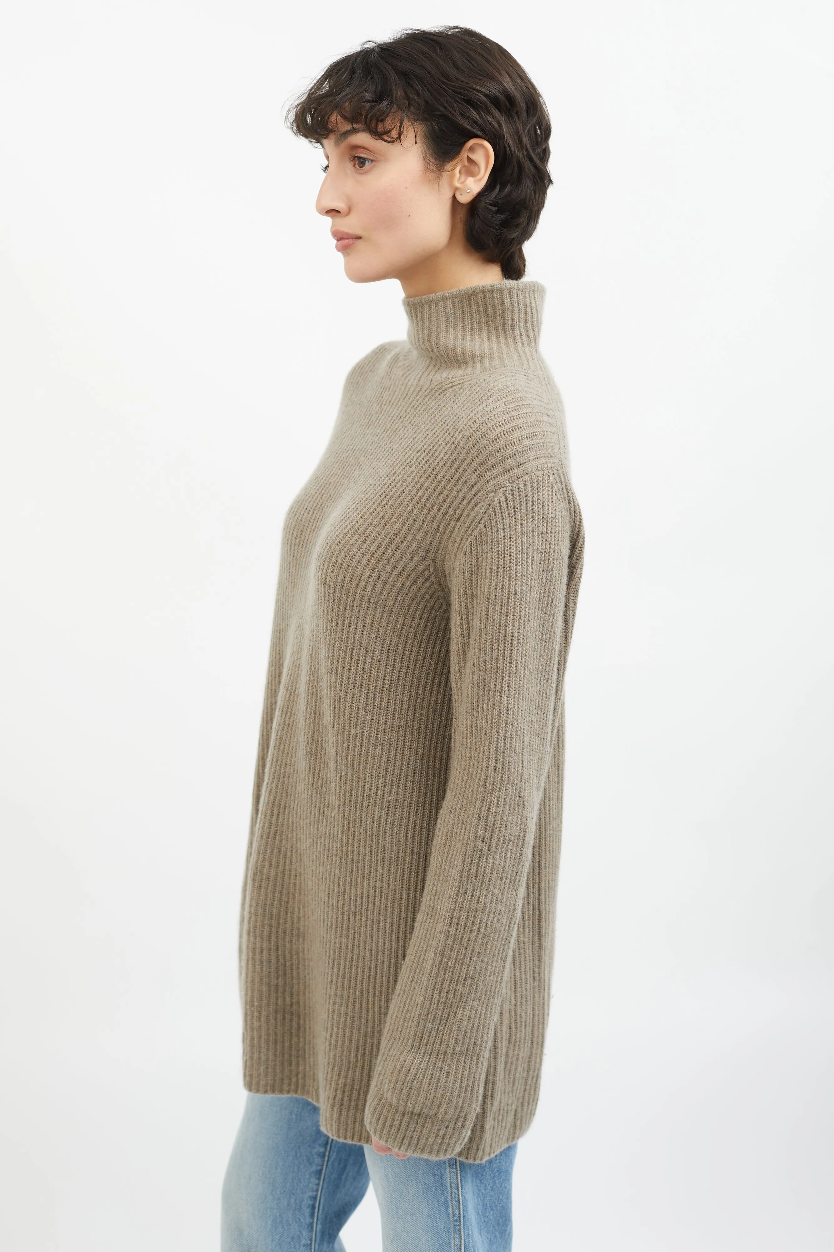 Brown Cashmere Mock Neck Knit Sweater