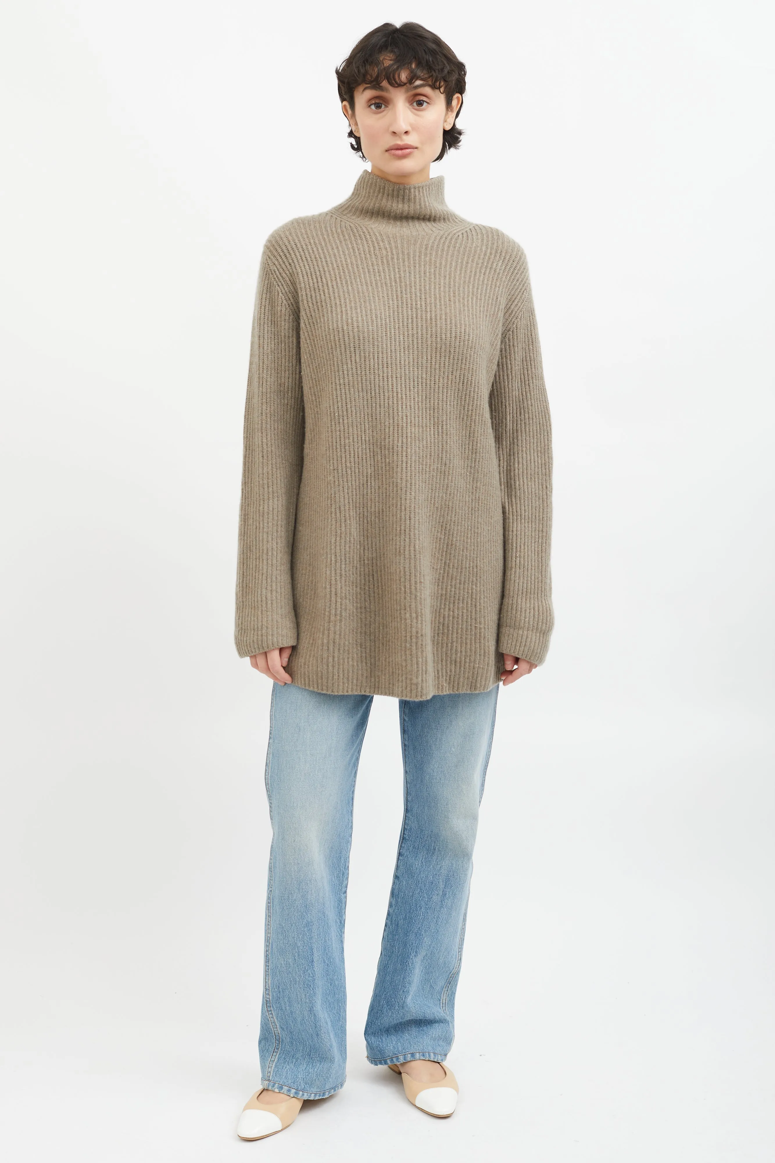 Brown Cashmere Mock Neck Knit Sweater