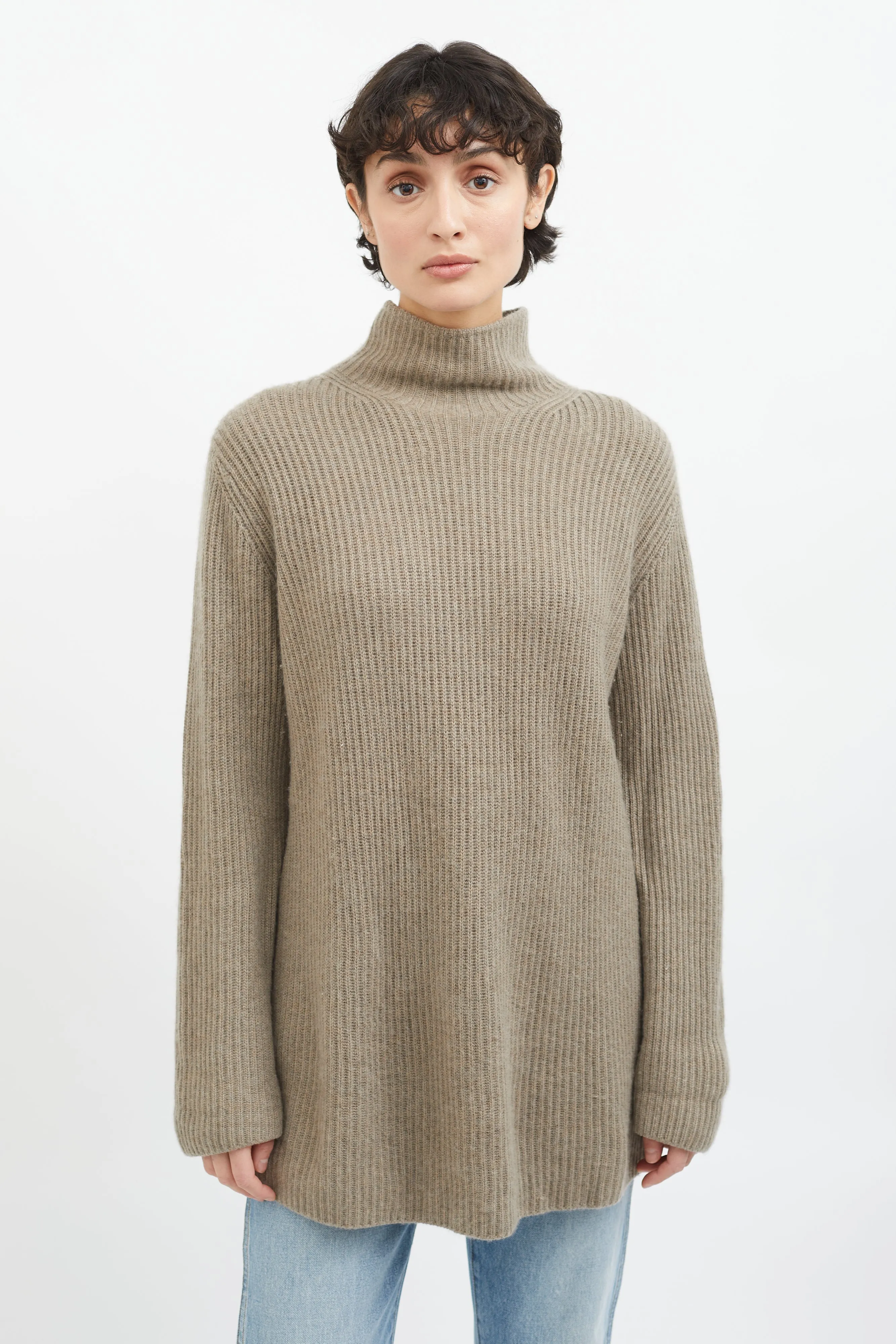 Brown Cashmere Mock Neck Knit Sweater