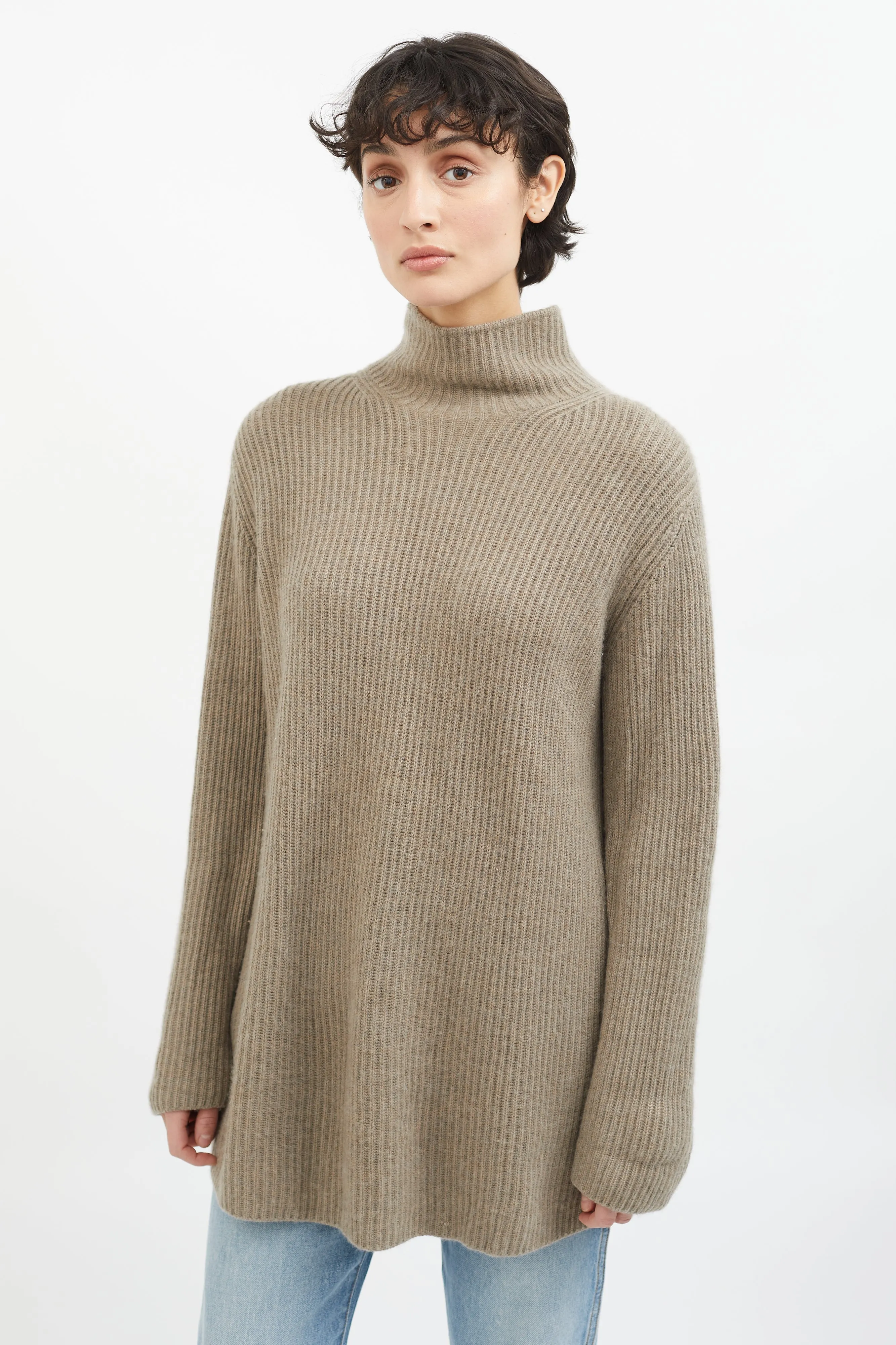 Brown Cashmere Mock Neck Knit Sweater
