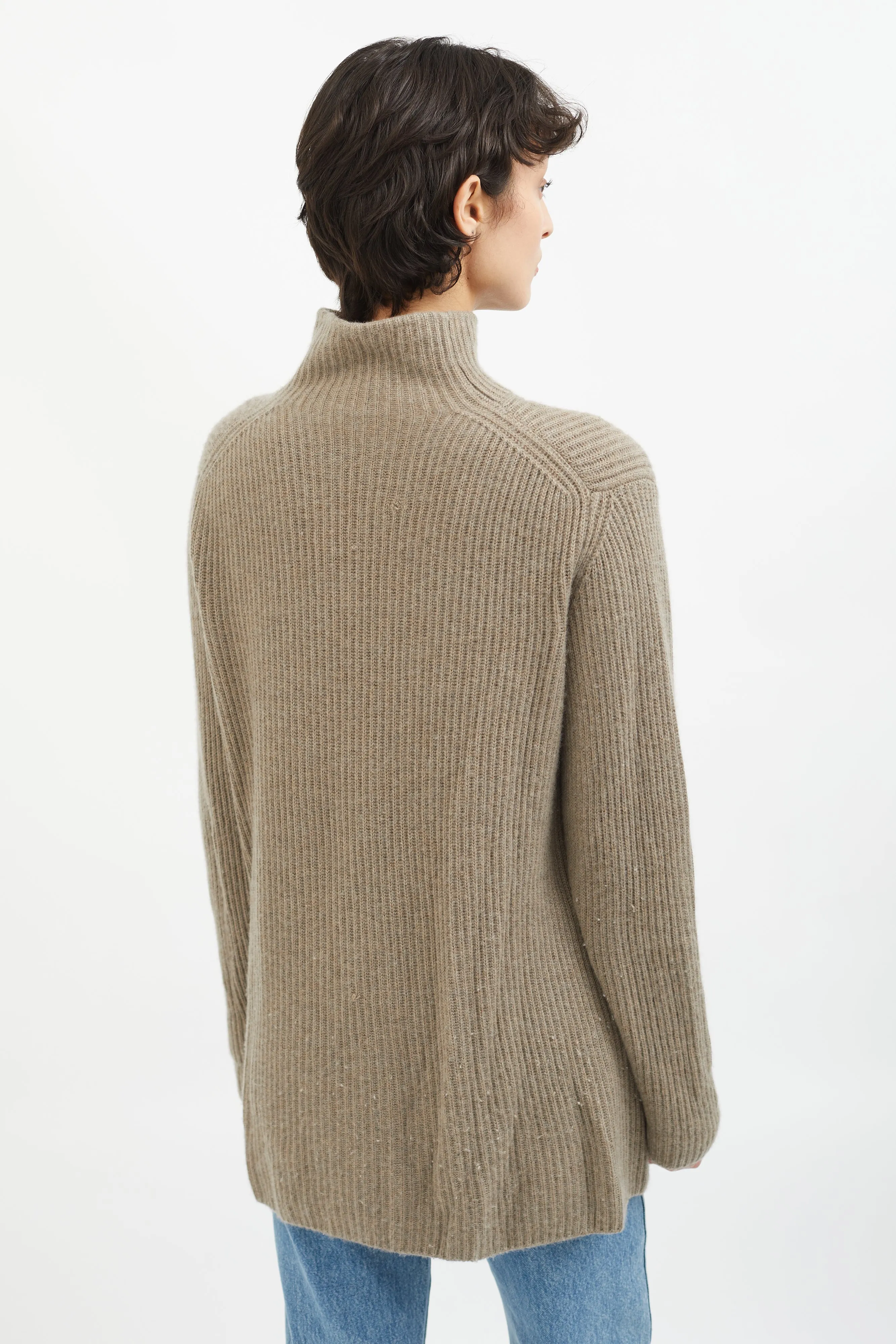 Brown Cashmere Mock Neck Knit Sweater