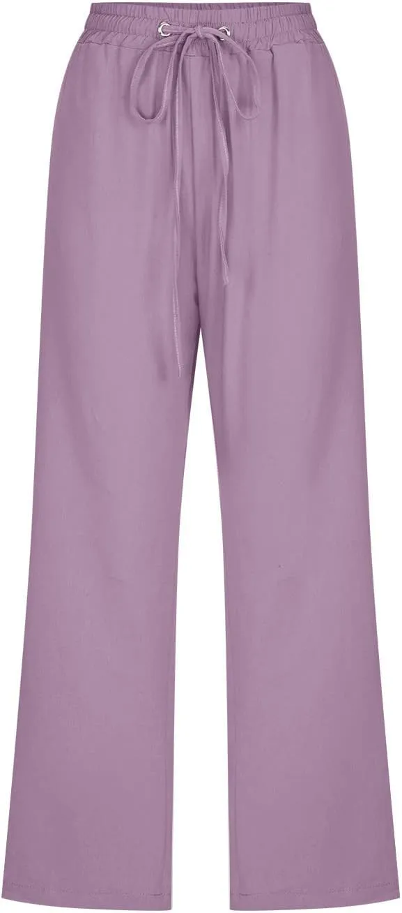 BZGTZT Capri Pants for Women,Women's Summer Linen Pants High Waisted Wide Leg Drawstring Casual Trousers with Pocket