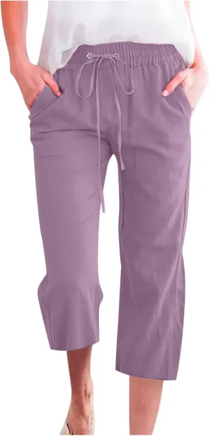 BZGTZT Capri Pants for Women,Women's Summer Linen Pants High Waisted Wide Leg Drawstring Casual Trousers with Pocket
