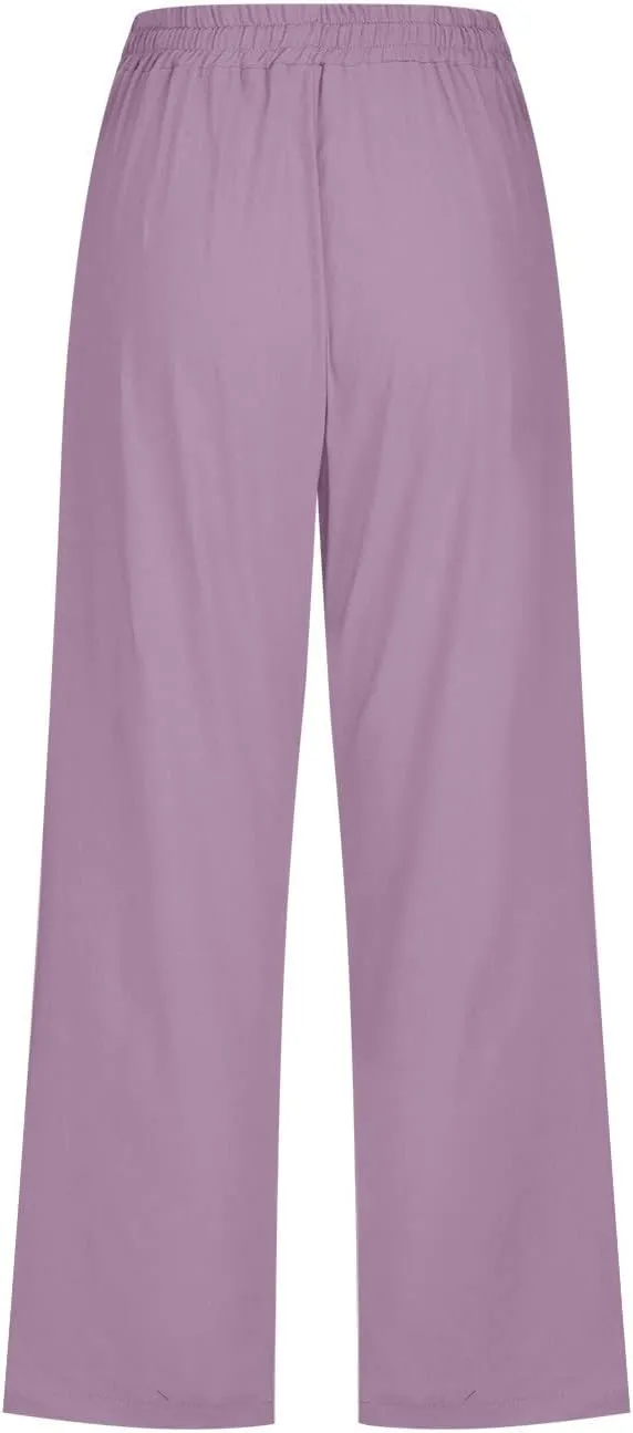 BZGTZT Capri Pants for Women,Women's Summer Linen Pants High Waisted Wide Leg Drawstring Casual Trousers with Pocket