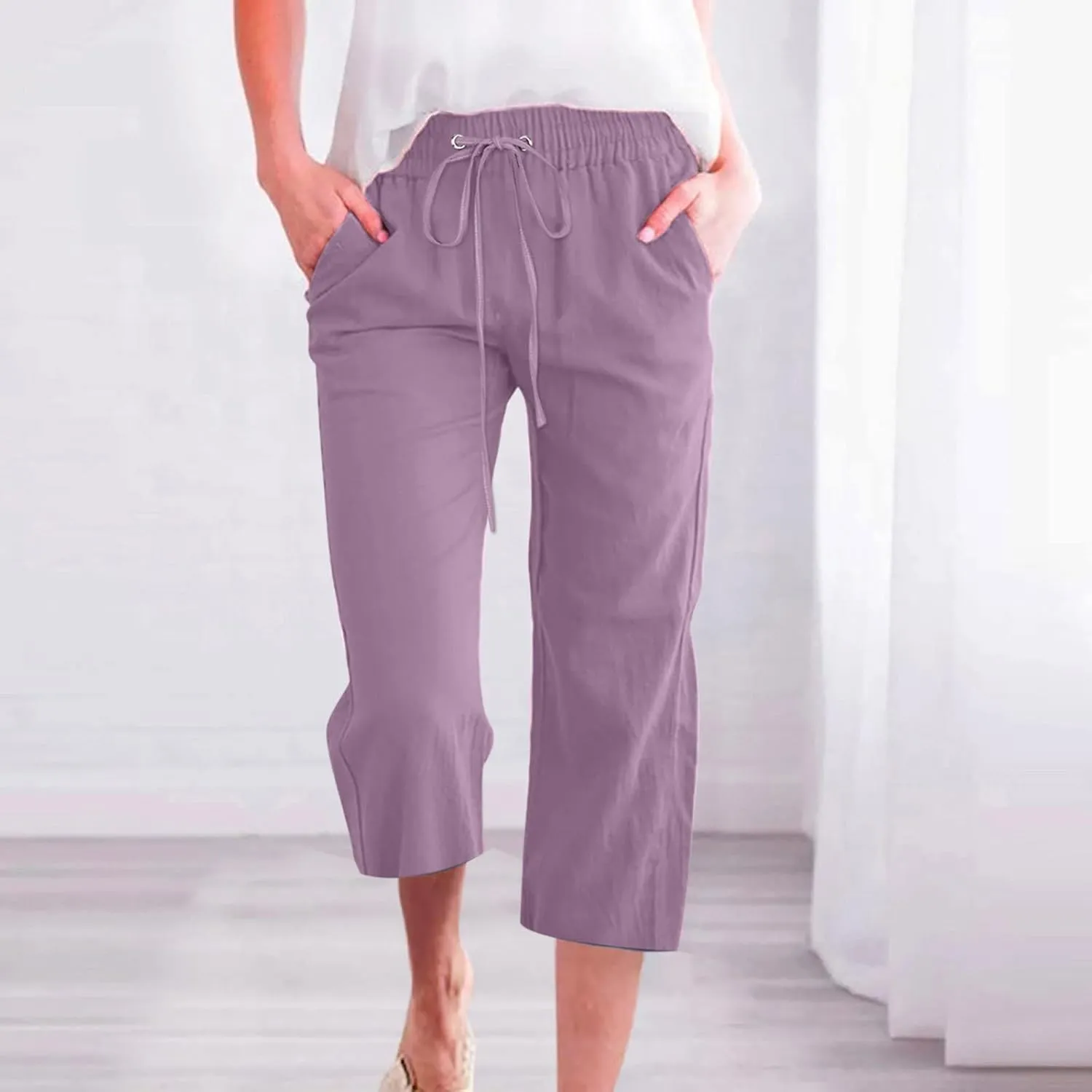 BZGTZT Capri Pants for Women,Women's Summer Linen Pants High Waisted Wide Leg Drawstring Casual Trousers with Pocket