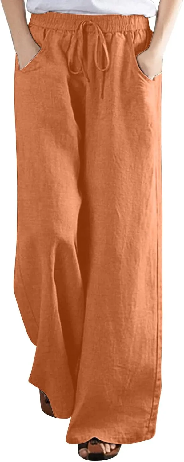BZGTZT Women's Cotton Linen Pants Summer Casual Wide Leg Trousers Elastic Waist Drawstring Loose Lounge Pants with Pocket