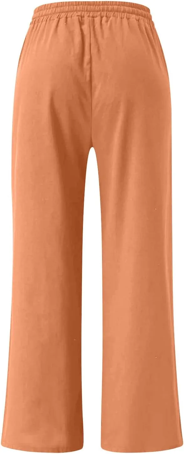 BZGTZT Women's Cotton Linen Pants Summer Casual Wide Leg Trousers Elastic Waist Drawstring Loose Lounge Pants with Pocket