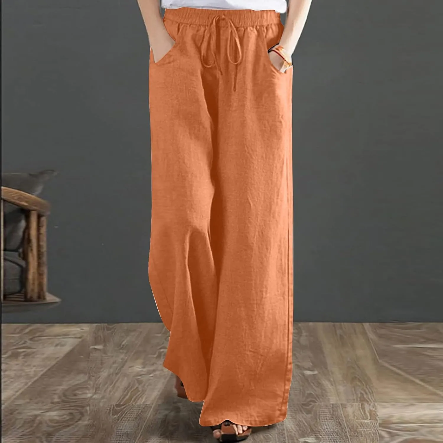 BZGTZT Women's Cotton Linen Pants Summer Casual Wide Leg Trousers Elastic Waist Drawstring Loose Lounge Pants with Pocket