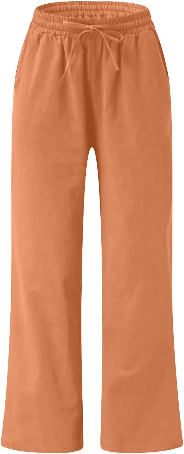 BZGTZT Women's Cotton Linen Pants Summer Casual Wide Leg Trousers Elastic Waist Drawstring Loose Lounge Pants with Pocket