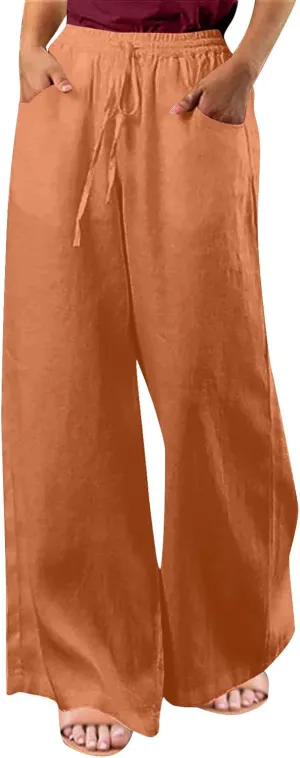 BZGTZT Women's Cotton Linen Pants Summer Casual Wide Leg Trousers Elastic Waist Drawstring Loose Lounge Pants with Pocket