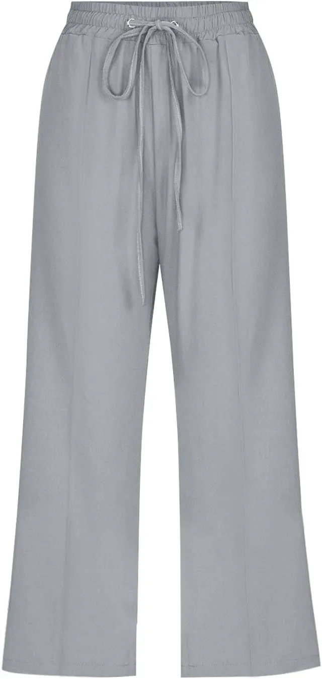 Capri Linen Pants for Women Summer Casual Wide Leg Pants Loose Fit Palazzo Pants Elastic Waist Cropped Trousers S-5X