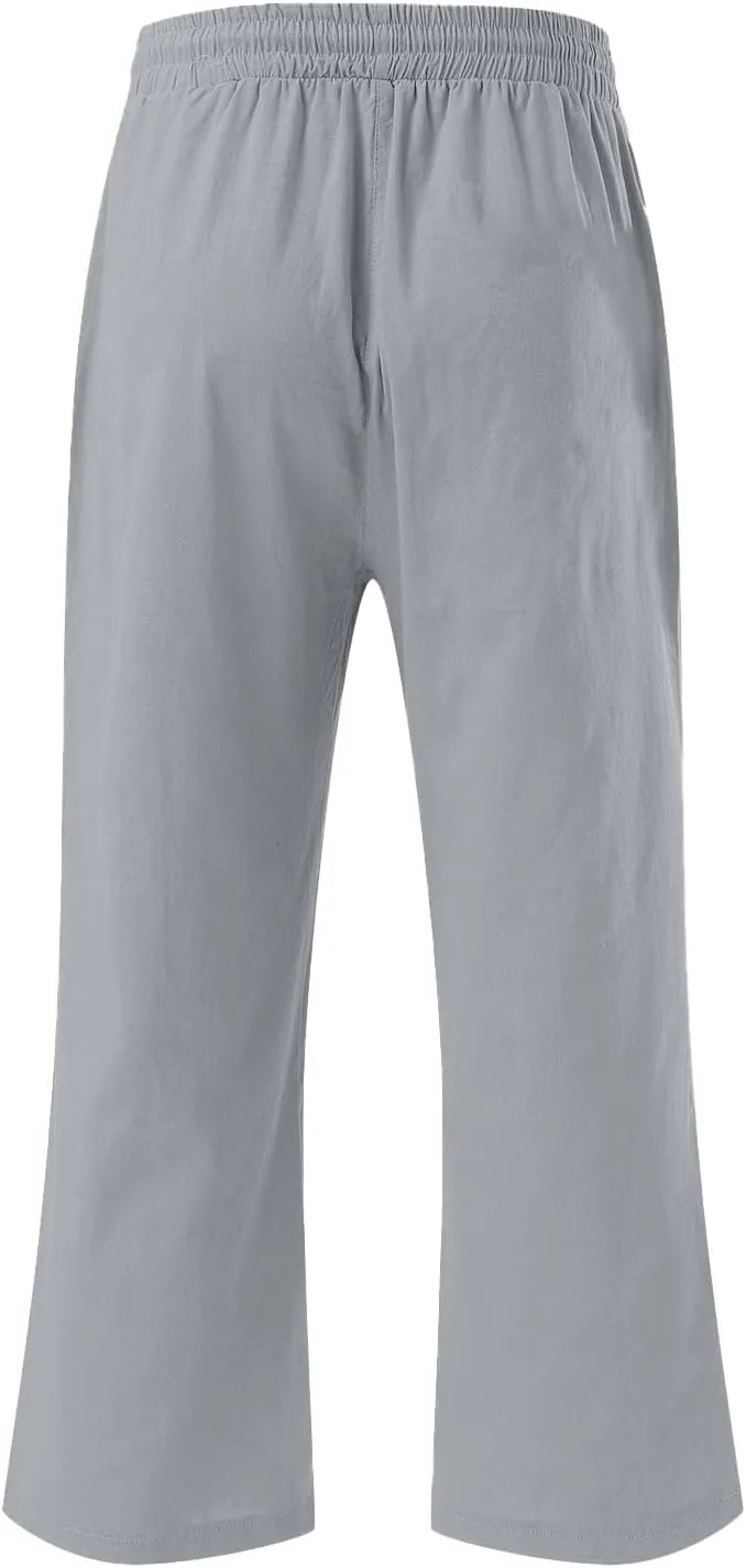 Capri Linen Pants for Women Summer Casual Wide Leg Pants Loose Fit Palazzo Pants Elastic Waist Cropped Trousers S-5X