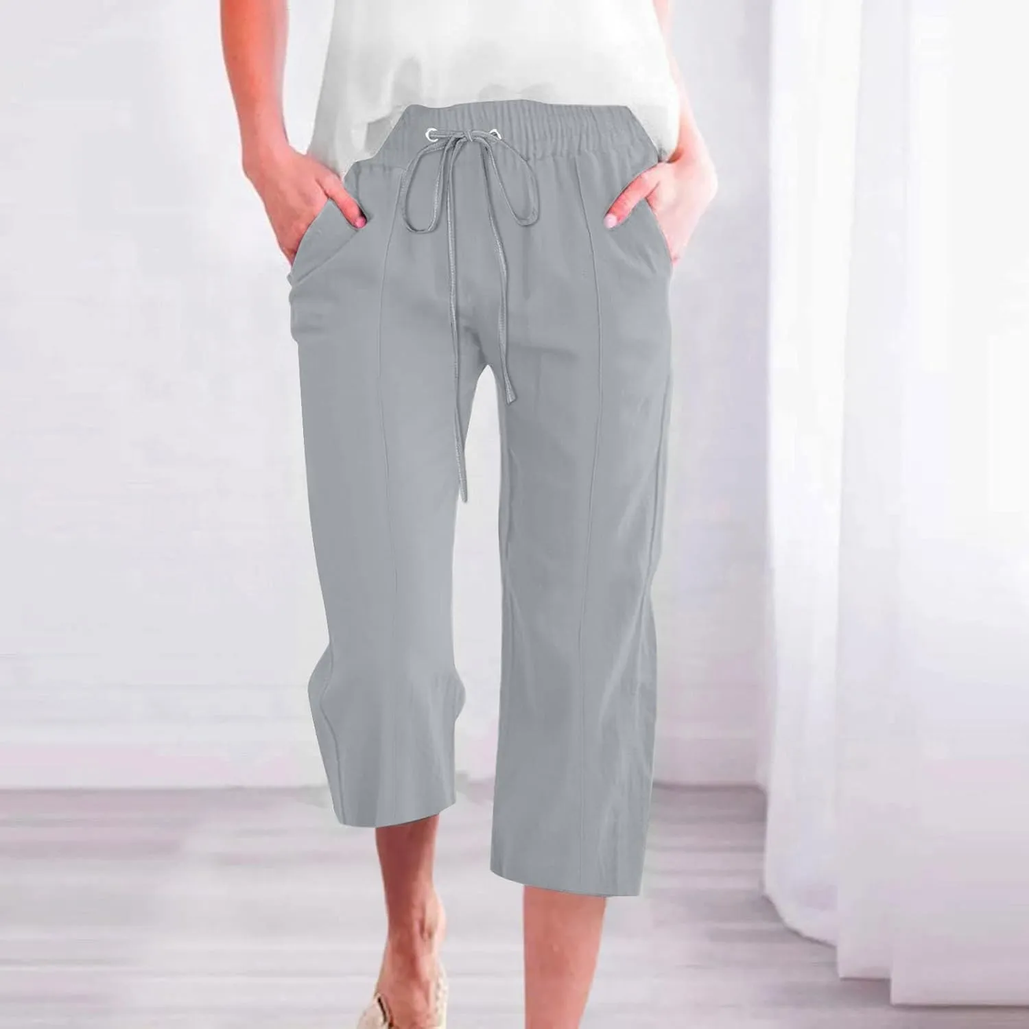 Capri Linen Pants for Women Summer Casual Wide Leg Pants Loose Fit Palazzo Pants Elastic Waist Cropped Trousers S-5X