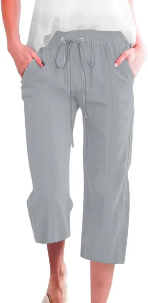 Capri Linen Pants for Women Summer Casual Wide Leg Pants Loose Fit Palazzo Pants Elastic Waist Cropped Trousers S-5X