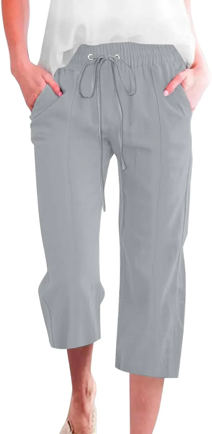 Capri Linen Pants for Women Summer Casual Wide Leg Pants Loose Fit Palazzo Pants Elastic Waist Cropped Trousers S-5X