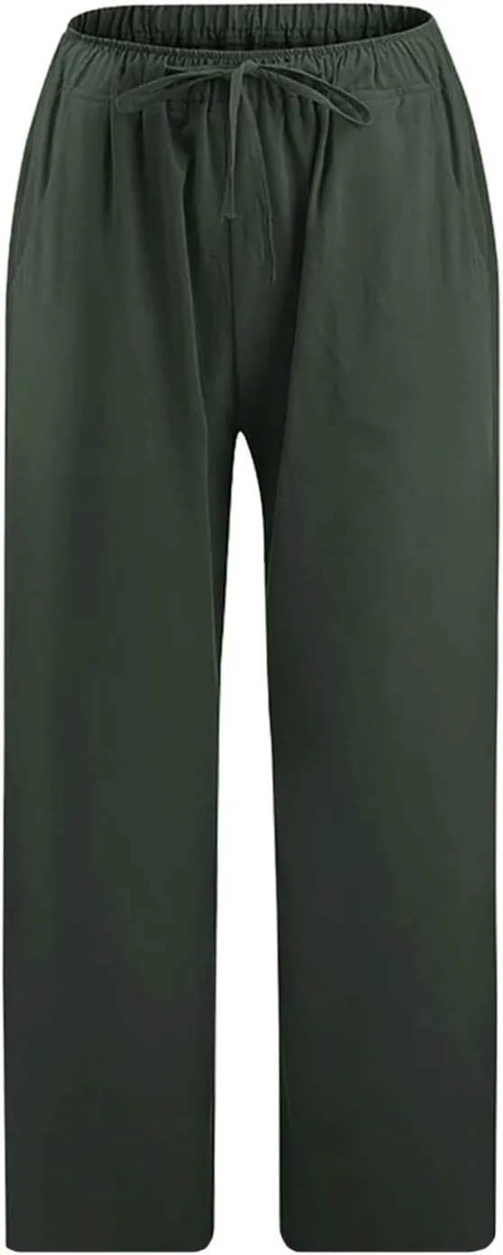 Capri Linen Pants for Women Summer Plus Size Elastic Waist Pants Straight Leg Lounge Pant Casual Cropped Pants
