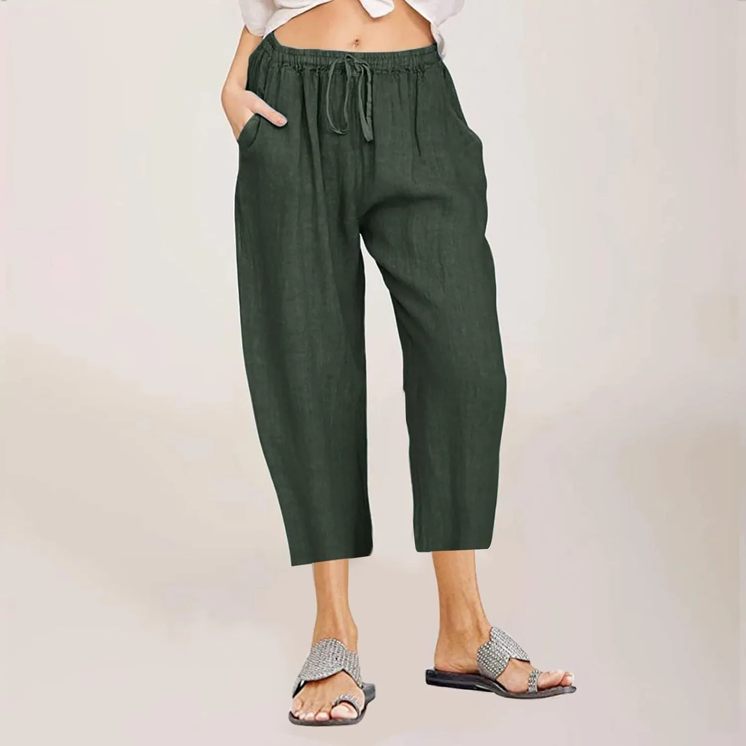 Capri Linen Pants for Women Summer Plus Size Elastic Waist Pants Straight Leg Lounge Pant Casual Cropped Pants