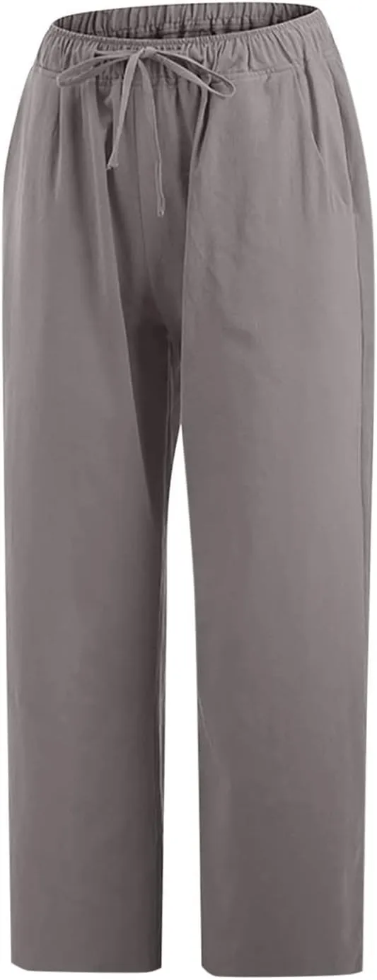 Capri Linen Pants for Women Summer Plus Size Elastic Waist Pants Straight Leg Lounge Pant Casual Cropped Pants