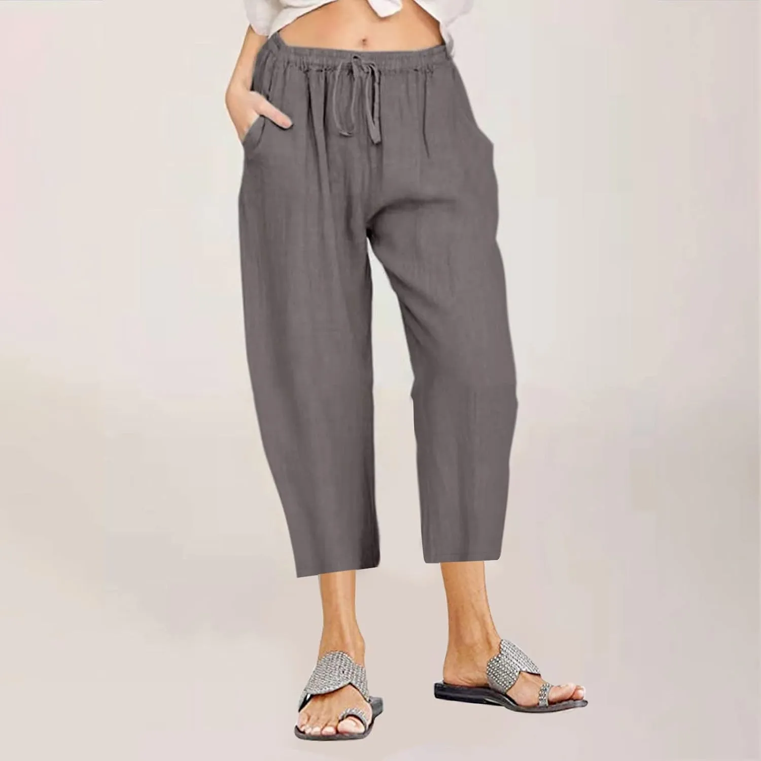 Capri Linen Pants for Women Summer Plus Size Elastic Waist Pants Straight Leg Lounge Pant Casual Cropped Pants