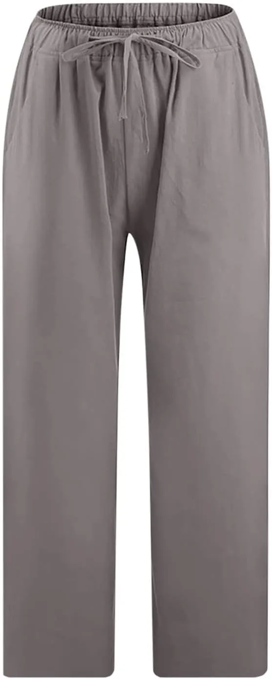 Capri Linen Pants for Women Summer Plus Size Elastic Waist Pants Straight Leg Lounge Pant Casual Cropped Pants