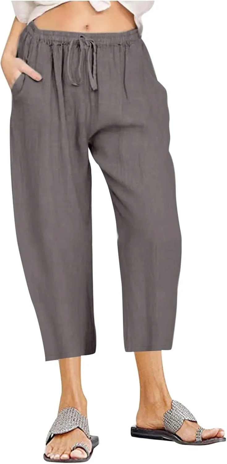 Capri Linen Pants for Women Summer Plus Size Elastic Waist Pants Straight Leg Lounge Pant Casual Cropped Pants