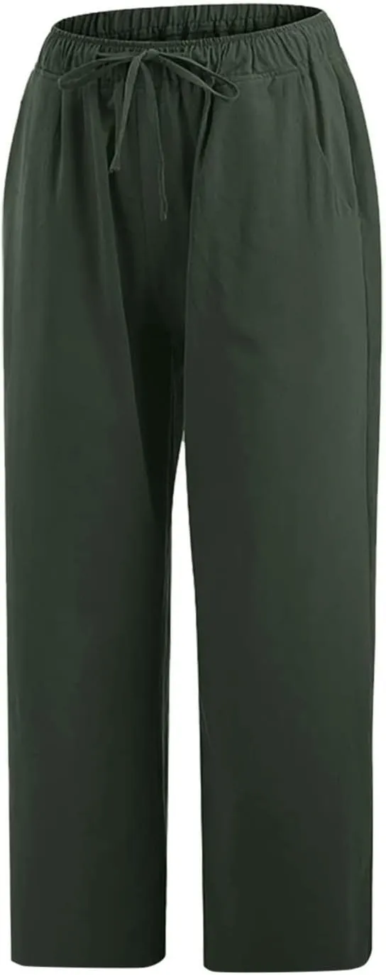 Capri Linen Pants for Women Summer Plus Size Elastic Waist Pants Straight Leg Lounge Pant Casual Cropped Pants