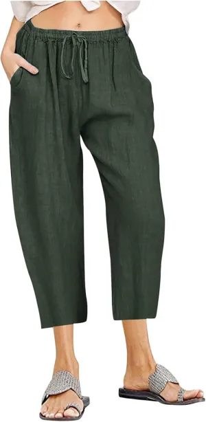 Capri Linen Pants for Women Summer Plus Size Elastic Waist Pants Straight Leg Lounge Pant Casual Cropped Pants