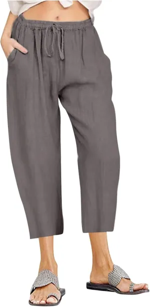 Capri Linen Pants for Women Summer Plus Size Elastic Waist Pants Straight Leg Lounge Pant Casual Cropped Pants