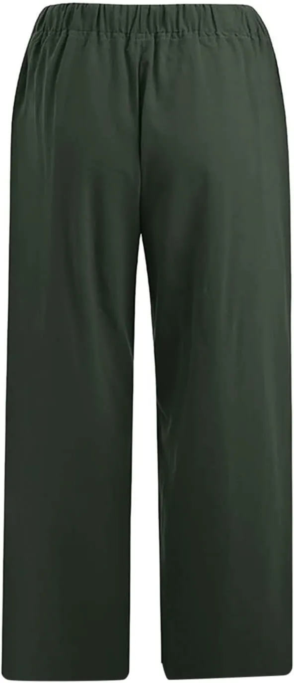 Capri Linen Pants for Women Summer Plus Size Elastic Waist Pants Straight Leg Lounge Pant Casual Cropped Pants